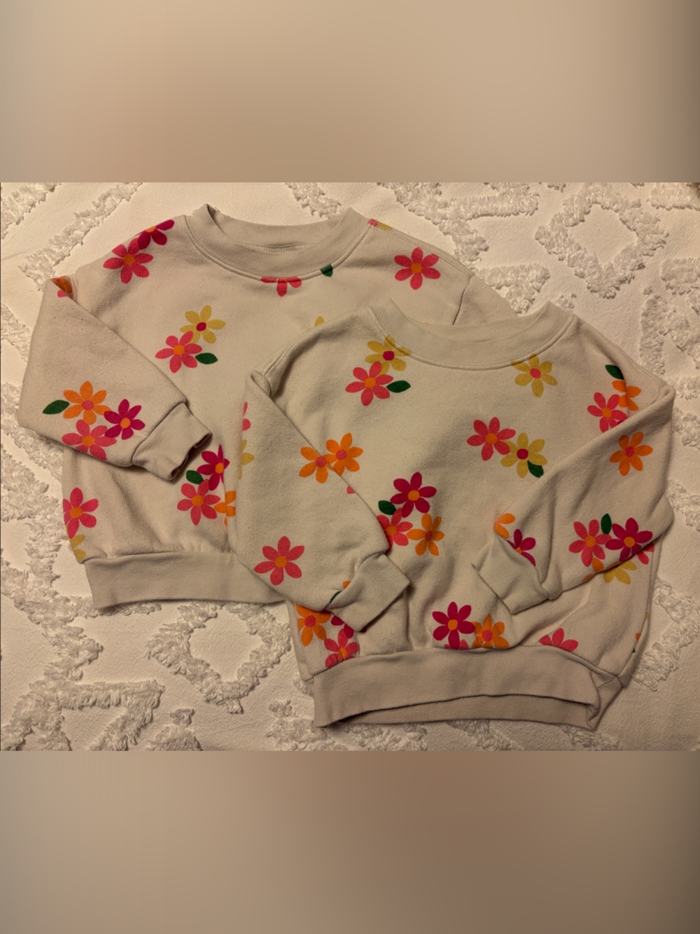 Gap Cream Floral Sweatshirt - Pink & Orange Flowers, 12-18 months. Twin Girls
